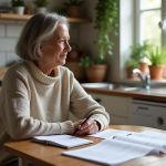 Femme assise à la cuisine en train de réfléchir