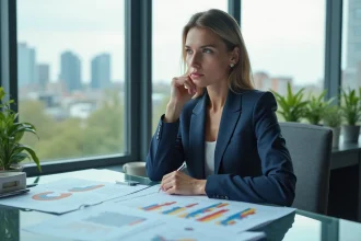 Femme d'affaires en costume bleu examinant un rapport