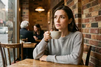 Femme seule dans un café regardant par la fenêtre sous la pluie, expression de dignité après une trahison amoureuse