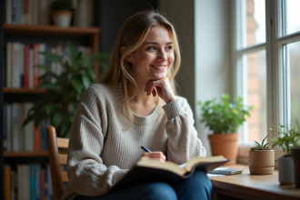 Femme souriante écrivant dans un bureau lumineux