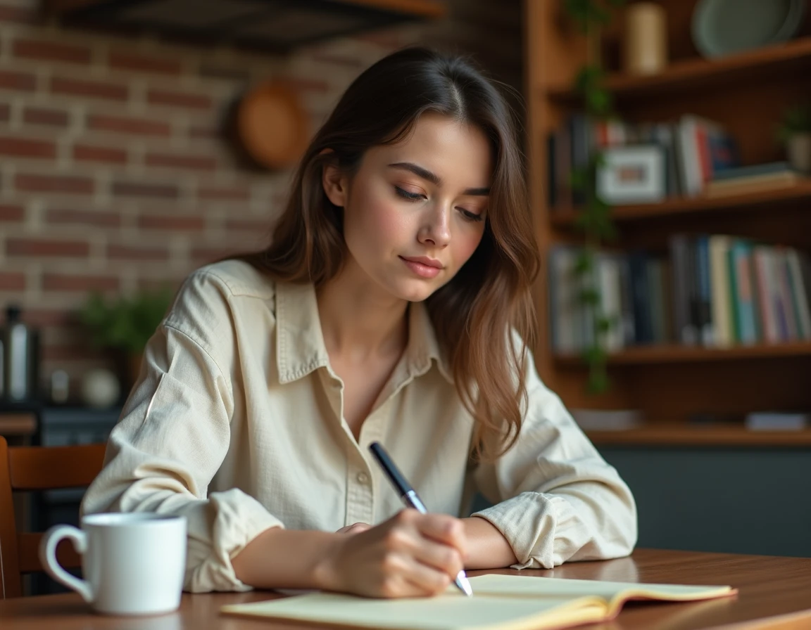 Jeune femme écrivant une lettre d'amitié sincère et émouvante à la main dans une cuisine cosy
