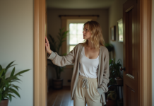 Énergie négative : détectez-la efficacement chez vous ! Femme dans son salon entre la pièce et le couloir