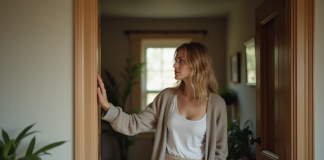 Énergie négative : détectez-la efficacement chez vous ! Femme dans son salon entre la pièce et le couloir