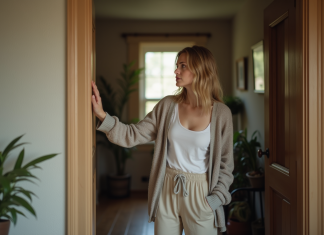 Énergie négative : détectez-la efficacement chez vous ! Femme dans son salon entre la pièce et le couloir