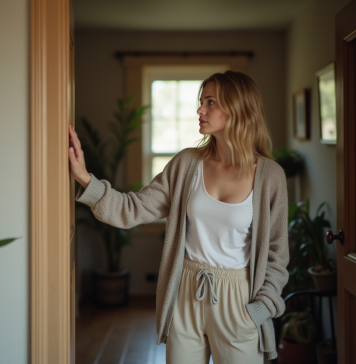 Énergie négative : détectez-la efficacement chez vous ! Femme dans son salon entre la pièce et le couloir