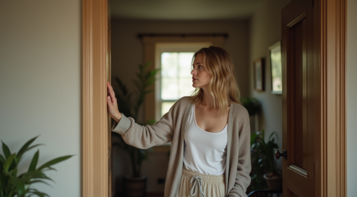 Énergie négative : détectez-la efficacement chez vous ! Femme dans son salon entre la pièce et le couloir