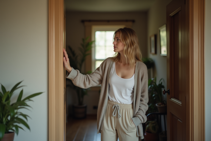 femme-entre-maison Femme dans son salon entre la pièce et le couloir
