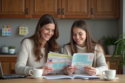 Femme et fille souriantes révisant des brochures dans la cuisine chaleureuse