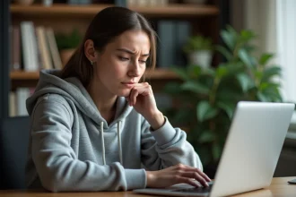 Femme frustrée devant son ordinateur portable affichant une page d'erreur de connexion à Diparaz