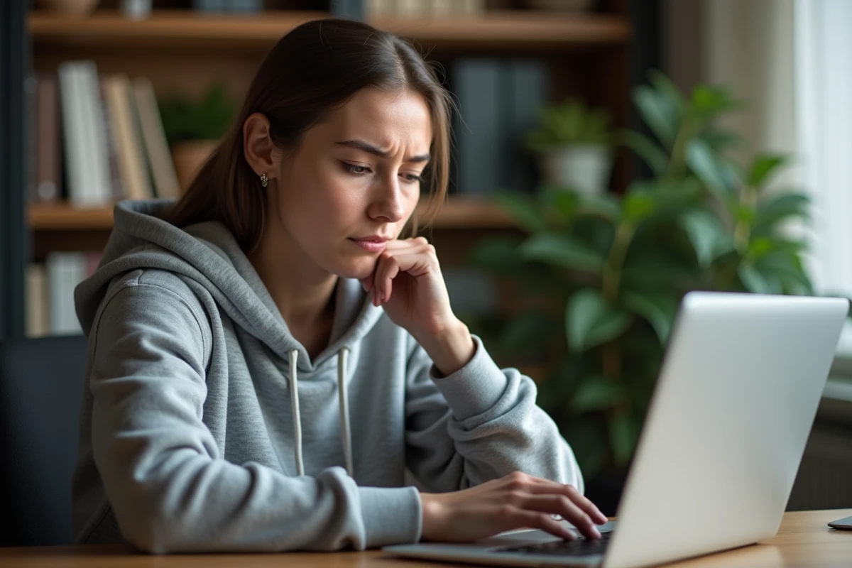Femme frustrée devant son ordinateur portable affichant une page d'erreur de connexion à Diparaz