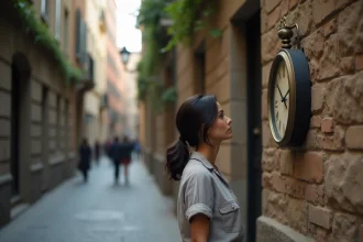Femme contemplant une horloge affichant 14h41 dans une rue pavée européenne, symbolisant la synchronicité du nombre angélique 1441