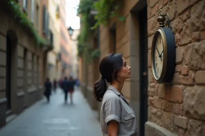 Femme contemplant une horloge affichant 14h41 dans une rue pavée européenne, symbolisant la synchronicité du nombre angélique 1441
