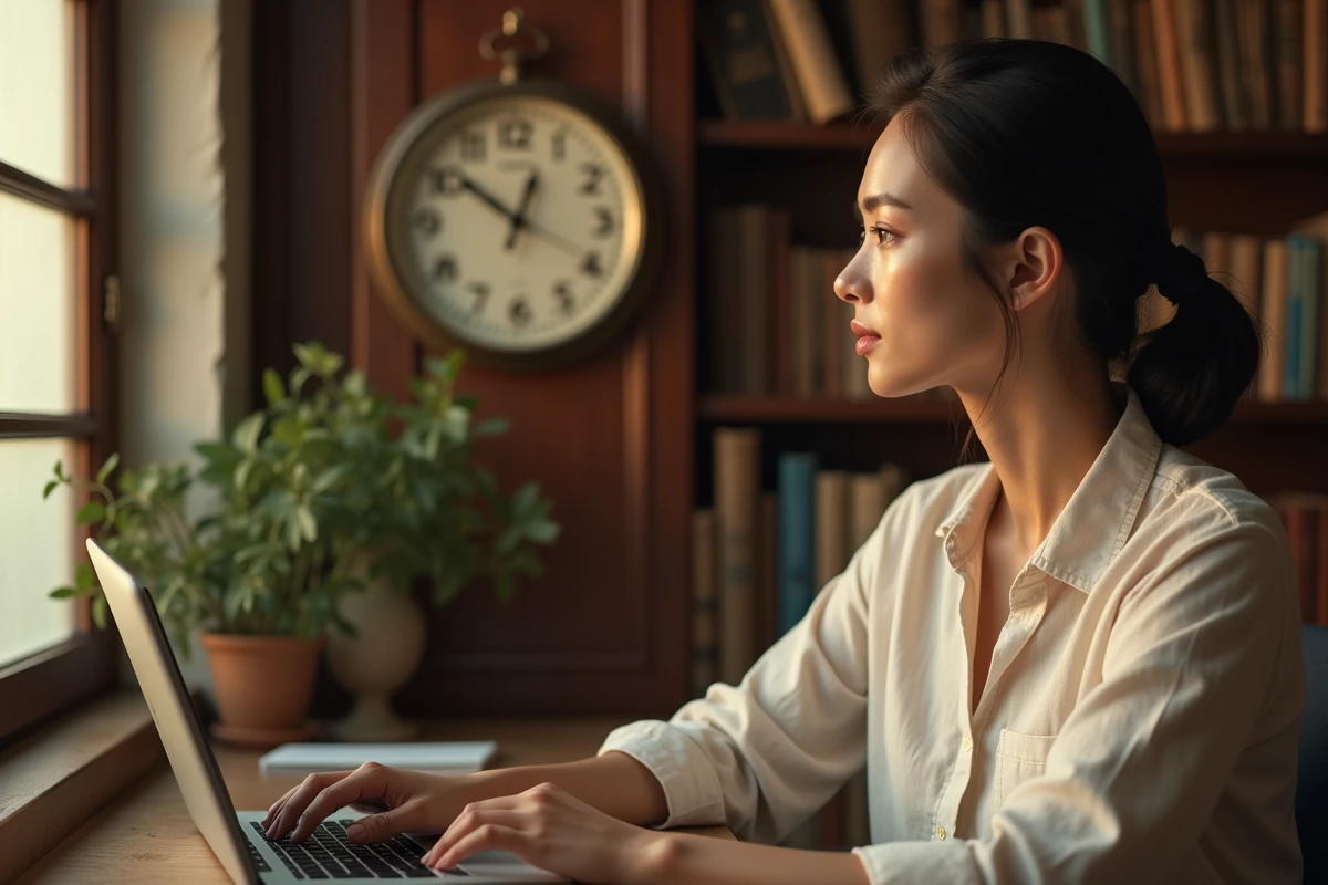 Femme contemplant une horloge analogique affichant 18h18 dans un bureau cosy aux tons chauds, évoquant la numérologie et les heures miroirs