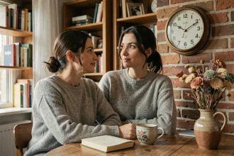 Femme contemplant une horloge affichant 22h22 dans un bureau cosy, symbolisant la signification karmique de cette heure miroir