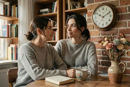 Femme contemplant une horloge affichant 22h22 dans un bureau cosy, symbolisant la signification karmique de cette heure miroir