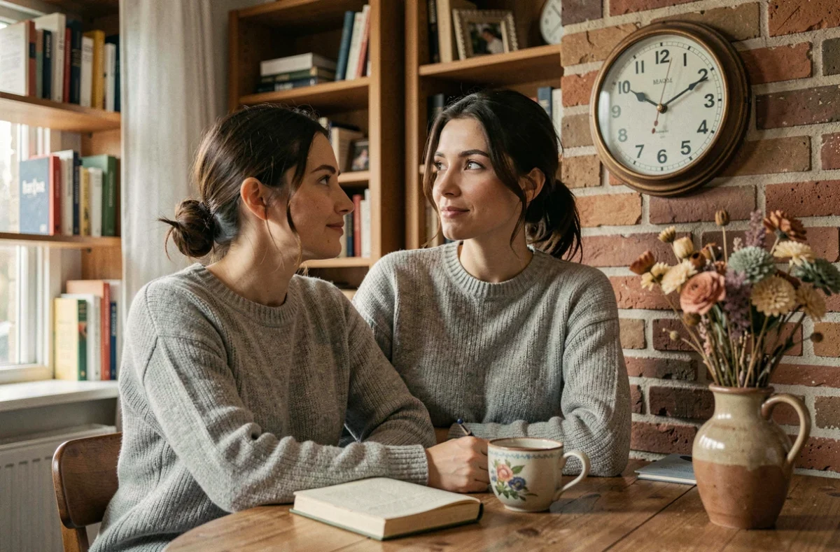 Femme contemplant une horloge affichant 22h22 dans un bureau cosy, symbolisant la signification karmique de cette heure miroir