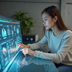 Jeune femme utilisant une interface tactile dans un bureau moderne