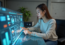Jeune femme utilisant une interface tactile dans un bureau moderne