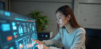 Interfaces : rôles et utilités essentiels dans les technologies numériques Jeune femme utilisant une interface tactile dans un bureau moderne