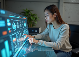 Interfaces : rôles et utilités essentiels dans les technologies numériques Jeune femme utilisant une interface tactile dans un bureau moderne