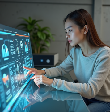 Interfaces : rôles et utilités essentiels dans les technologies numériques Jeune femme utilisant une interface tactile dans un bureau moderne