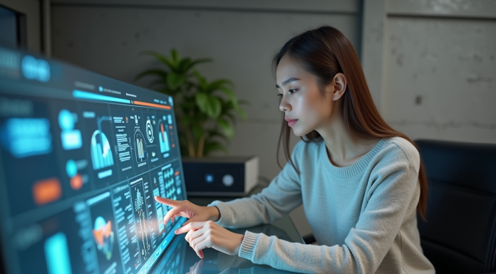 Jeune femme utilisant une interface tactile dans un bureau moderne