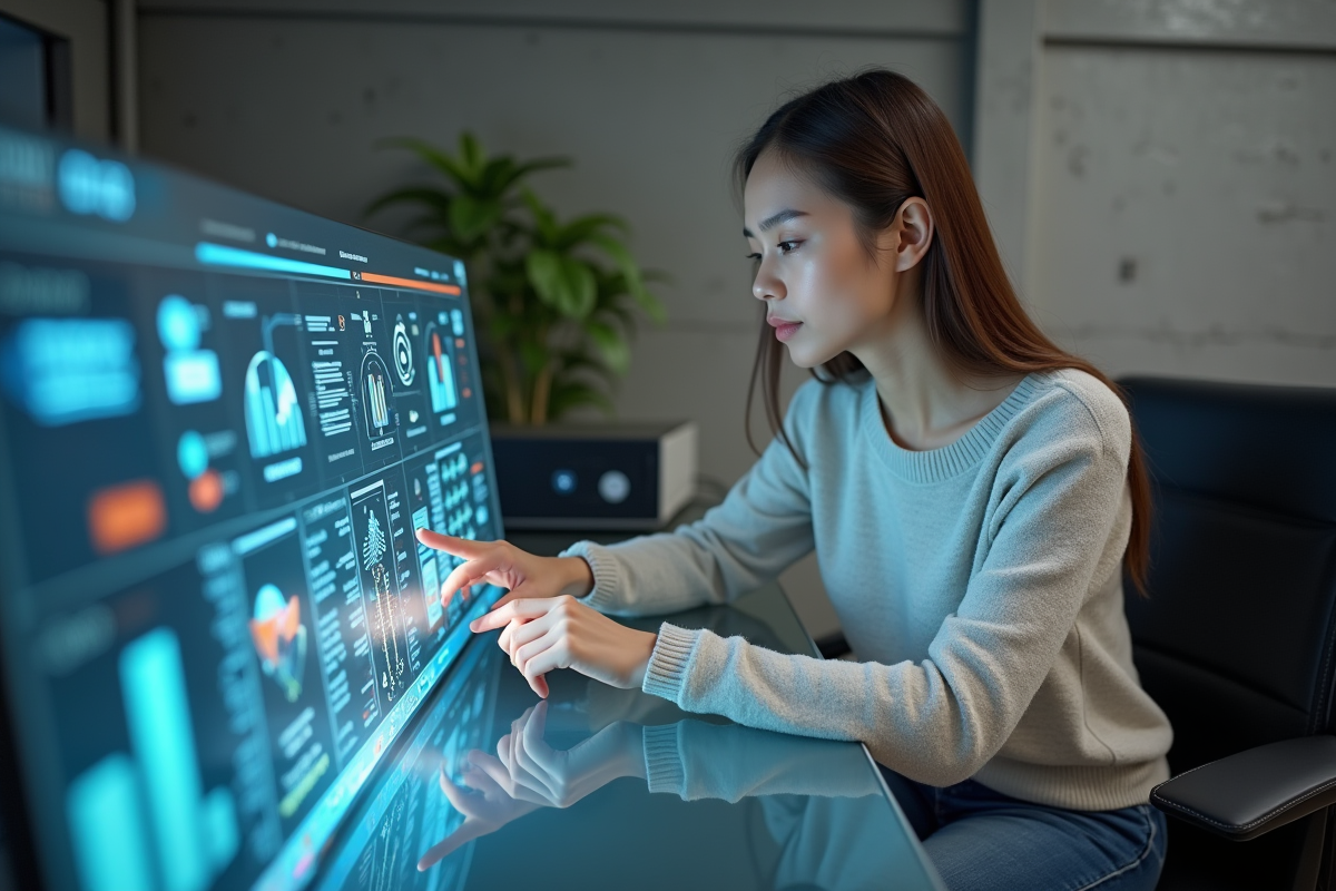 Jeune femme utilisant une interface tactile dans un bureau moderne