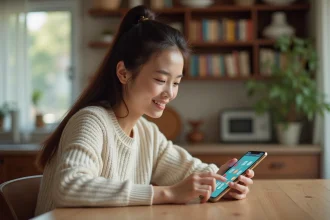 Femme jouant au jeu mobile 4 images 1 mot sur smartphone à une table en bois dans un appartement moderne