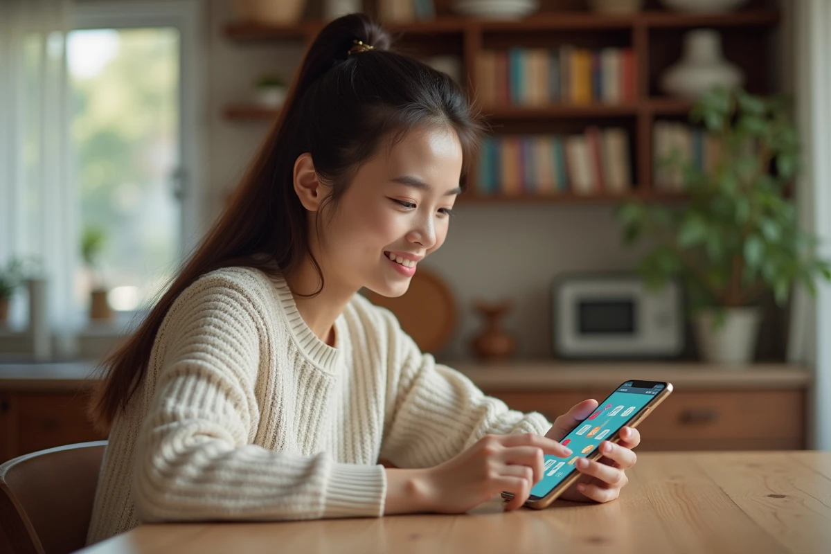 Femme jouant au jeu mobile 4 images 1 mot sur smartphone à une table en bois dans un appartement moderne