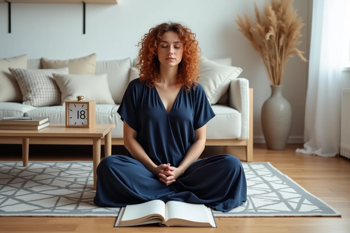 Jeune femme méditant devant un journal et une horloge affichant 18h18 dans un intérieur scandinave, illustrant la signification spirituelle de l'heure miroir