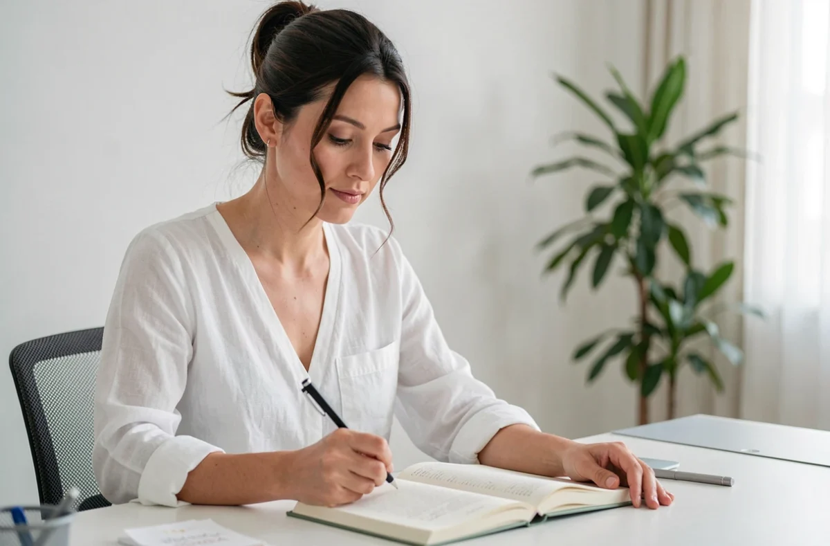 Femme écrivant dans un journal intime à son bureau, geste de recueillement et de réponse digne à une trahison amoureuse