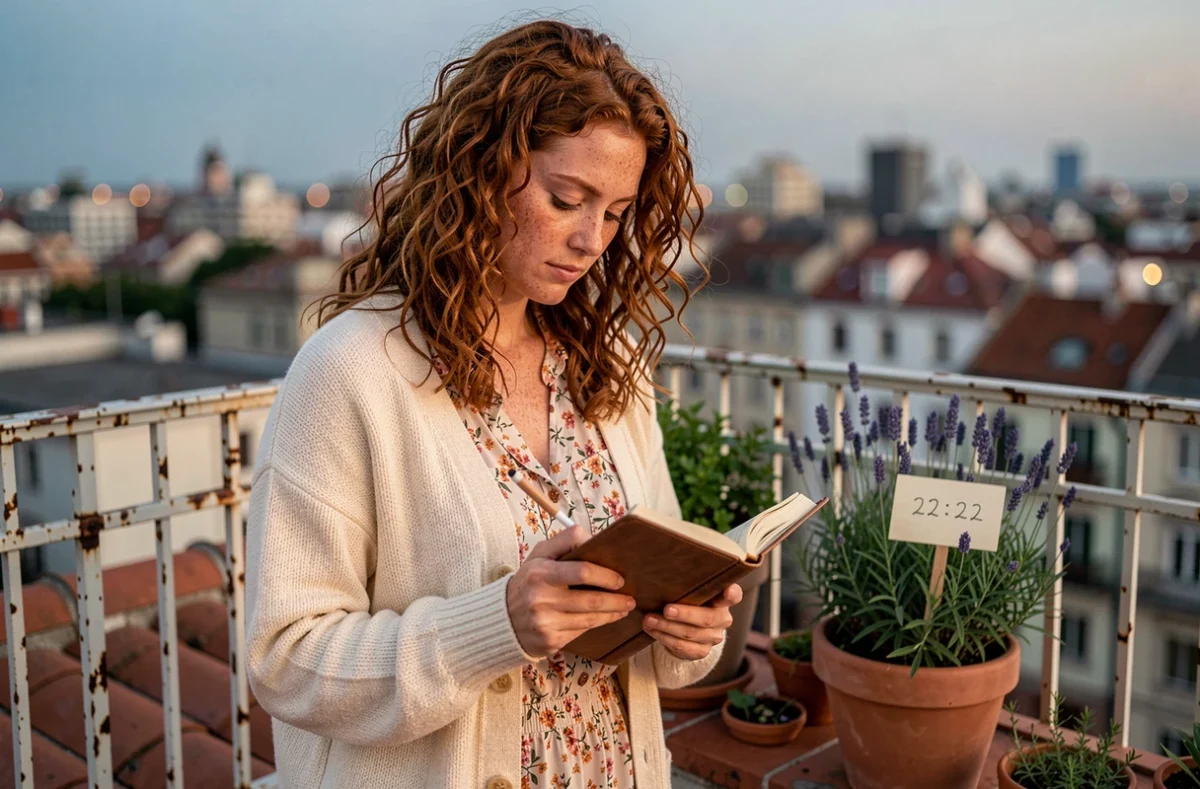 Jeune femme écrivant dans un journal sur une terrasse urbaine au crépuscule avec la référence 22h22, évoquant la réflexion karmique et les leçons spirituelles