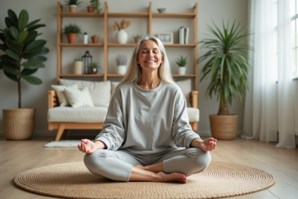Femme méditant chez elle dans un salon minimaliste
