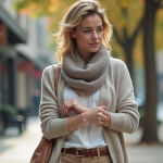 Femme ajustant son foulard en ville au printemps