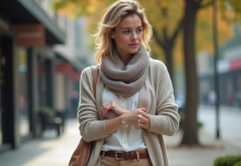 Femme ajustant son foulard en ville au printemps