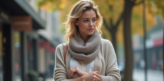 Femme ajustant son foulard en ville au printemps
