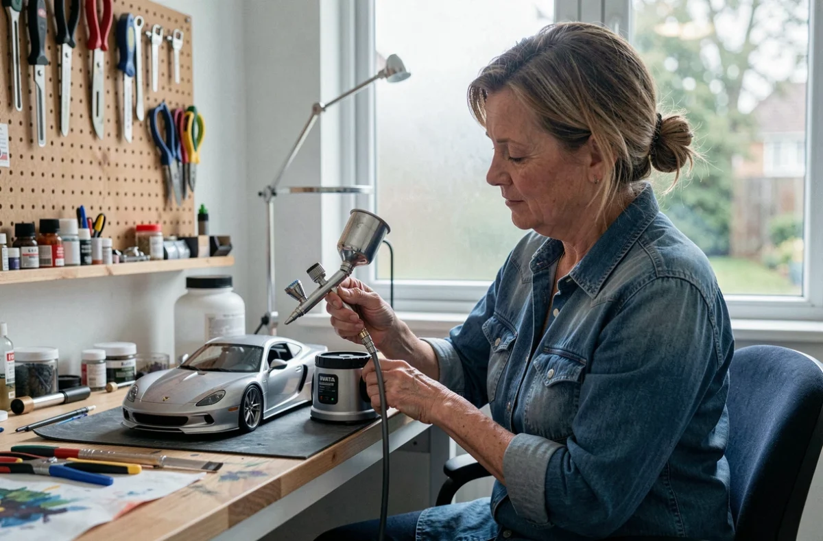 Femme passionnée de modélisme utilisant un aérographe Iwata Master pour peindre une maquette de voiture dans un espace de travail domestique