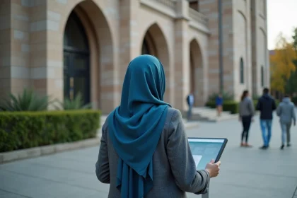 Femme lisant panneau d'information devant la mosquee de Strasbourg