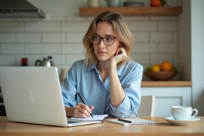 Jeune femme organisée planifiant sa journée dans la cuisine