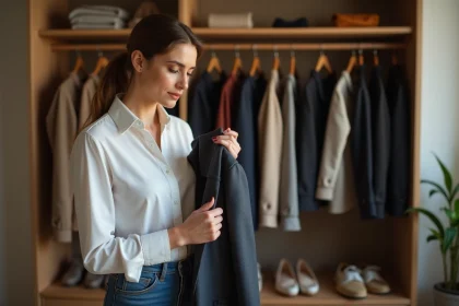 Femme en tenue élégante dans un vestiaire organisé