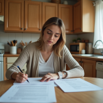 Aides financières de la CAF : comment en bénéficier efficacement ? Femme concentrée remplissant des formulaires dans sa cuisine