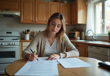 Aides financières de la CAF : comment en bénéficier efficacement ? Femme concentrée remplissant des formulaires dans sa cuisine
