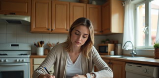 Aides financières de la CAF : comment en bénéficier efficacement ? Femme concentrée remplissant des formulaires dans sa cuisine