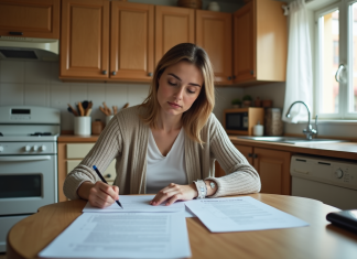 Aides financières de la CAF : comment en bénéficier efficacement ? Femme concentrée remplissant des formulaires dans sa cuisine