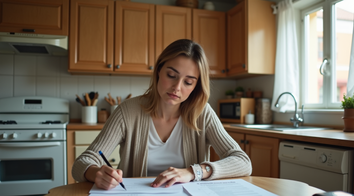 Aides financières de la CAF : comment en bénéficier efficacement ? Femme concentrée remplissant des formulaires dans sa cuisine