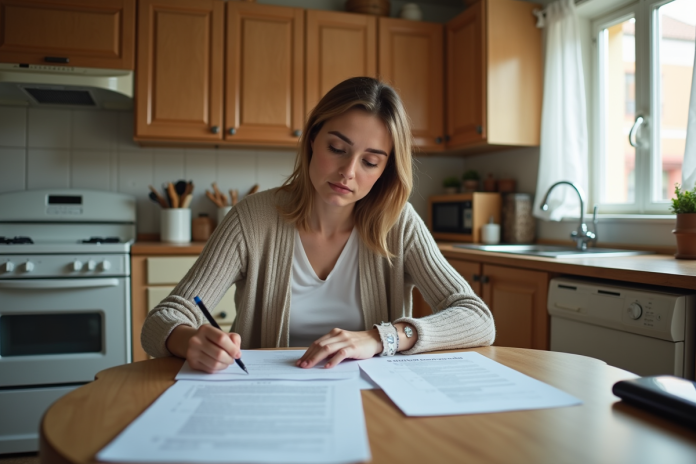 femme-papiers-formulaires-kitchen Femme concentrée remplissant des formulaires dans sa cuisine