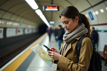 Jeune femme dans le métro parisien vérifiant un plan