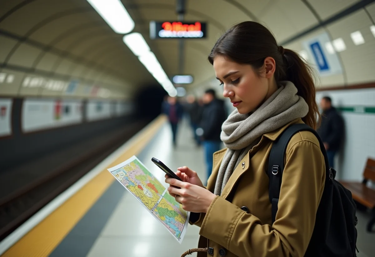 Jeune femme dans le métro parisien vérifiant un plan