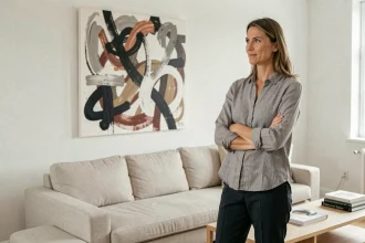 Femme contemplant une peinture abstraite dans un salon contemporain décoré avec goût