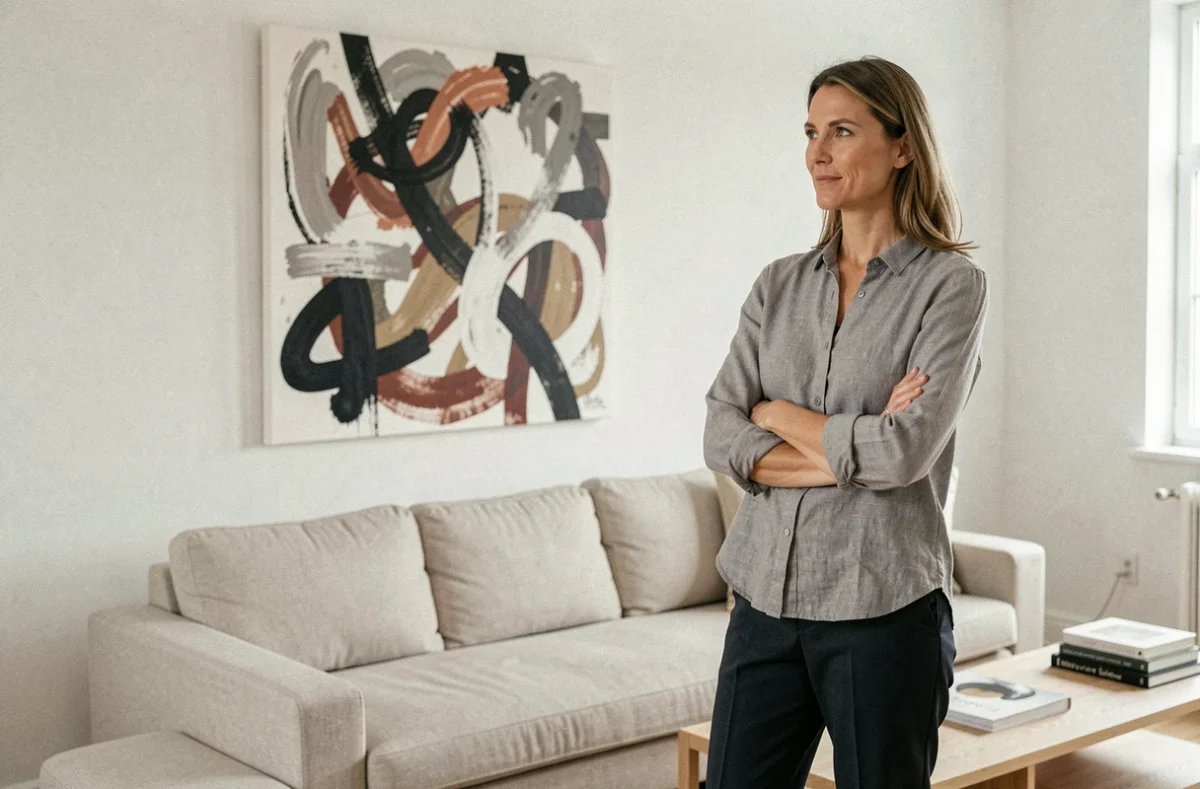 Femme contemplant une peinture abstraite dans un salon contemporain décoré avec goût
